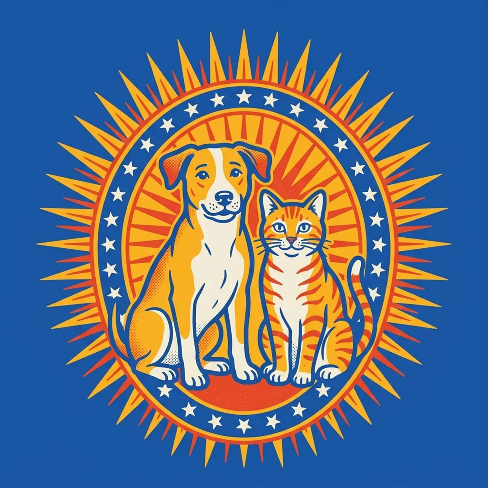 Ilustración de un perro y un gato sentados juntos dentro de un óvalo con rayos de sol