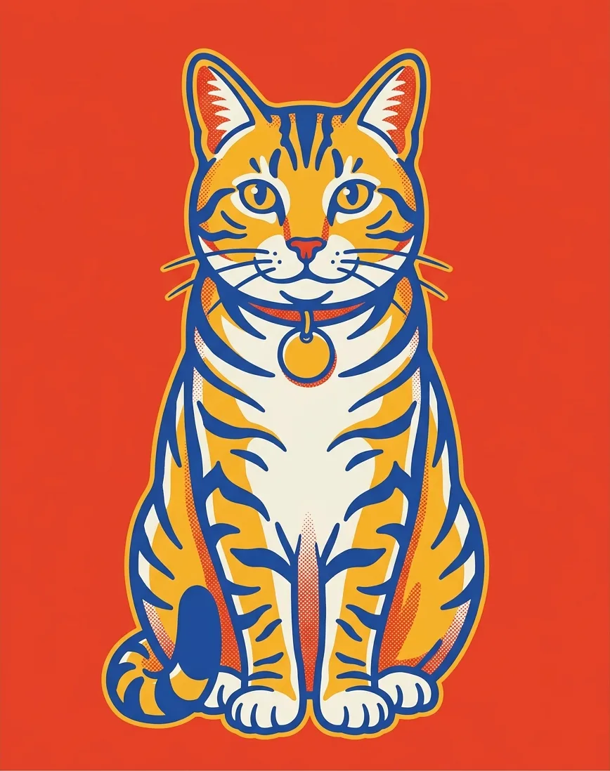 Ilustración plana de un gato atigrado sentado sobre fondo rojo