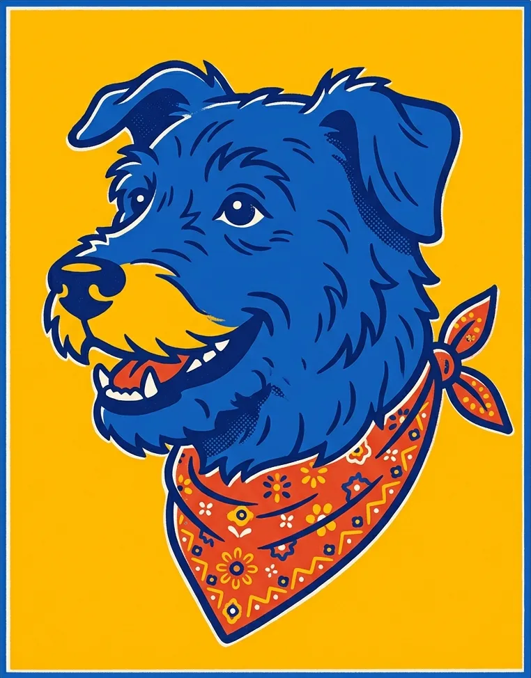 Ilustración plana de un perro con pañuelo rojo sobre fondo amarillo